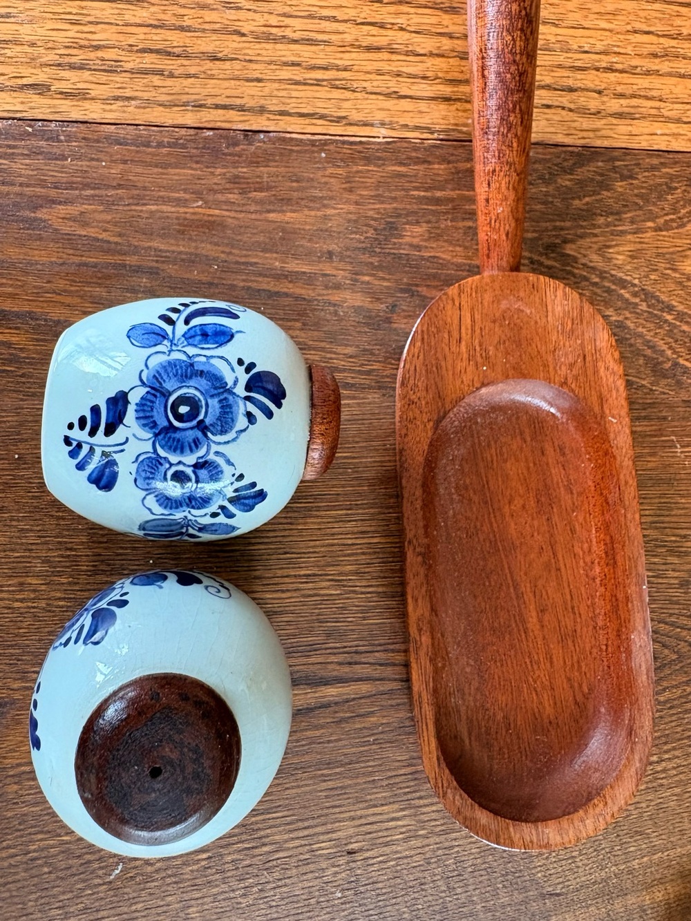 Delft Ceramic Blue Floral Salt and Pepper Shaker Set with Wood Tops